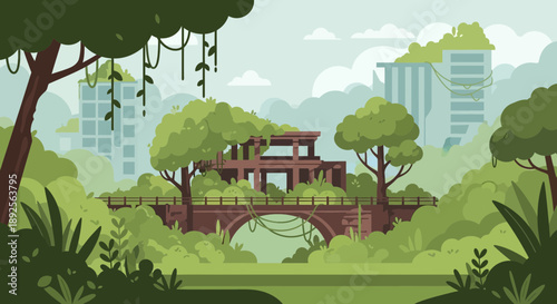 Overgrown Bridge in PostApocalyptic City Landscape with Lush Vegetation.