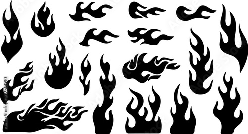 Black fire flames. Silhouette flame frame. Doodle fire borders, signs, icons, elements. Fantasy tribal fires. Abstract burning shape for tattoo, sport car stickers.