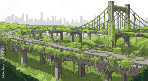 Overgrown Bridge in PostApocalyptic Cityscape Illustration 1.