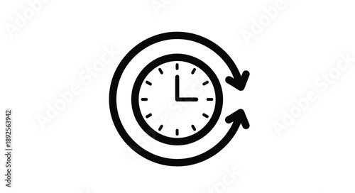 Simple black and white icon depicting a clock with circular arrows