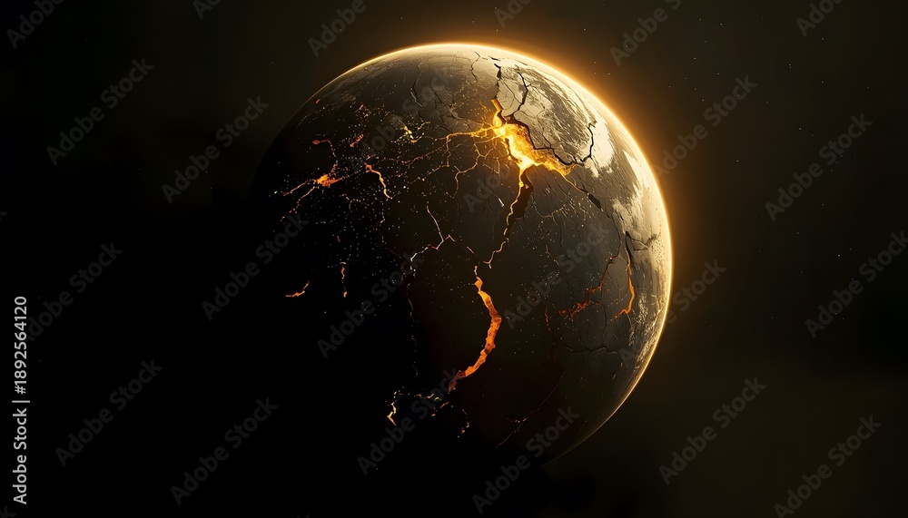 Obraz premium Cracked planet with golden light leaking from inside surreal space art with dramatic atmosphere and dark background