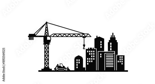 Black silhouette of a construction crane and city skyline