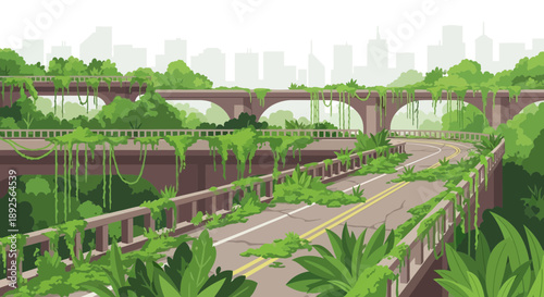 Overgrown Highway Bridge in PostApocalyptic Landscape Illustration.