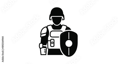 Black silhouette of a riot police officer with shield and helmet