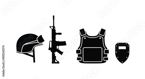 Military equipment icons helmet assault rifle body armor and shield