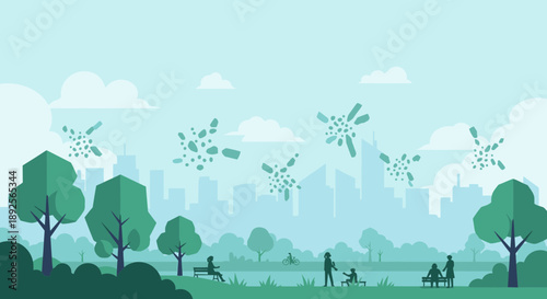Park Scene with People and Drones in Flat Design.