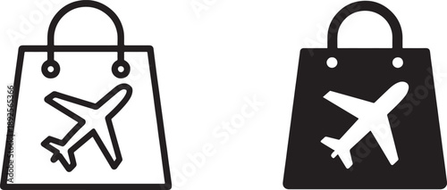 Duty free shopping bags with airplane icon in black silhouette and outline vector style.