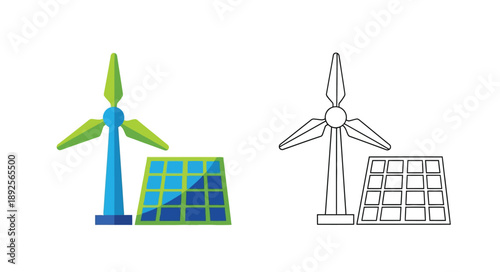 Colorful and outlined wind turbines with solar panel bases displayed
