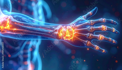 Digital anatomical illustration of human arm bones with glowing orange joints and gesture suggesting pain or injury
