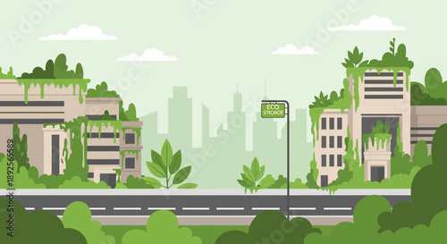 PostApocalyptic Cityscape Nature Reclaims Urban Ruins with Greenery.