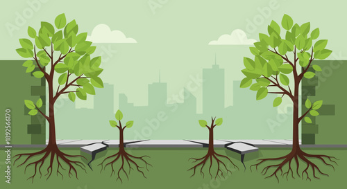 Trees of different sizes representing growth and development.