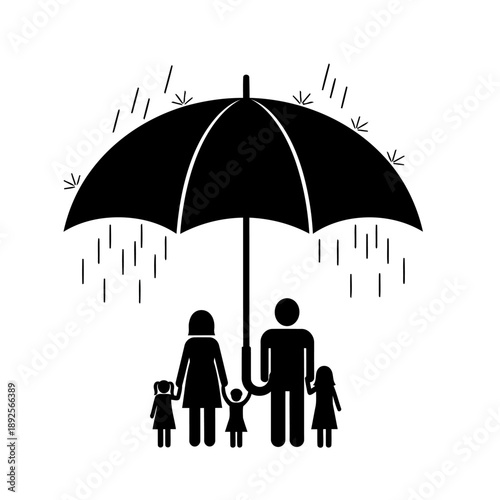 A family of four standing under a large black umbrella in the rain