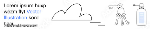 Data storage, security, hygiene, minimalism, key access, organization. Line-art cloud, keyring with keys sanitizer bottle. Data storage and security concept in minimalist style