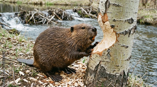 Beaver gnawing on a tree trunk near a dam(ビーバーの作業姿)