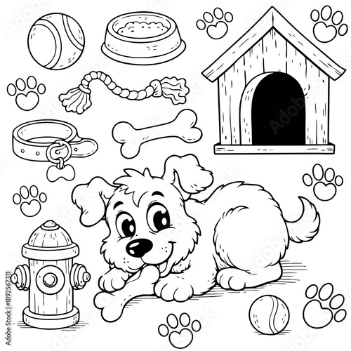 Playful puppy chewing a bone with doghouse, bowl, collar, rope toy, balls, hydrant and paw prints. Black line art on white, ideal for kids coloring and pet care.