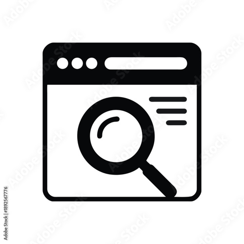 This vector illustration of a magnifying glass icon features a glass lens symbol designed for web search buttons and internet zoom functions to find and magnify business data on a computer