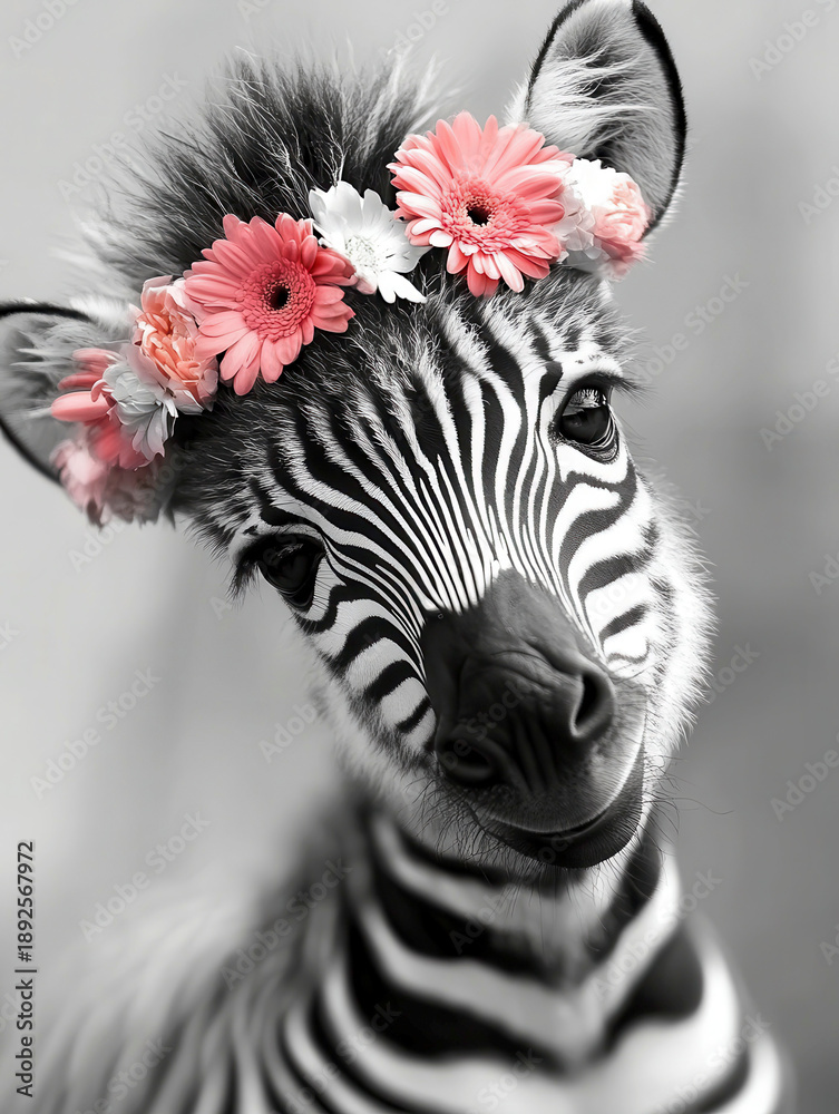 Fototapeta premium A cute little zebra with a flower crown on its head, black and white photo