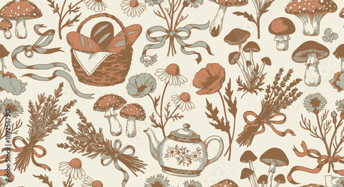 Charming vintage pattern with botanical elements, mushrooms, picnic basket, and teapot, evoking a rustic cottagecore aesthetic.