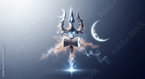 Trident of Shiva Amidst Mystical Smoke and Lunar Glow