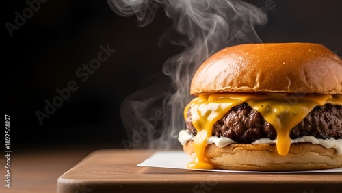 Juicy cheeseburger with melting cheese on a wooden board.