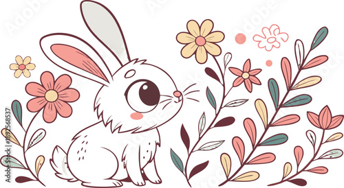 Easter poster and banner template with Easter eggs in the nest on light blue background.Greetings .
Colourful easter banner with bunnies, eggs and flowers. Vector