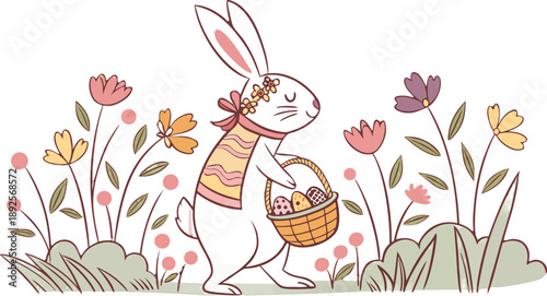 Easter poster and banner template with Easter eggs in the nest on light blue background.Greetings .
Colourful easter banner with bunnies, eggs and flowers. Vector