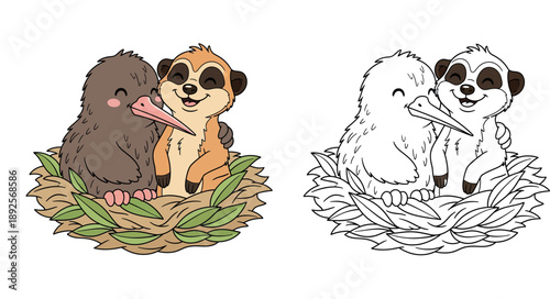 Cute cartoon kiwi bird and meerkat hugging in a nest. Vector illustration of happy animal friends embracing. Adorable character design for nursery art and kids education.