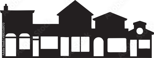 Silhouette of a large building with multiple sections and arched windows black white