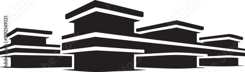 Black and white of a modern multi-level building complex with flat roofs and geometric shapes architecture