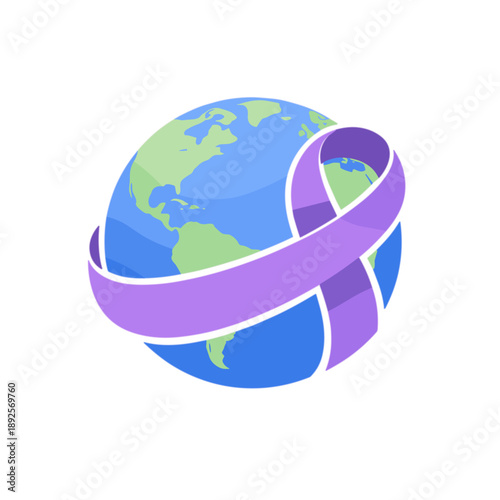 Colorful Ribbon Wrapped Around Earth Globe, Representing Global Awareness. Generated image
