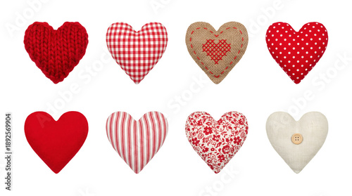 Textile heart set including knitted, gingham, burlap, polka dot, felt, striped, floral, and linen styles isolated. Handmade Valentine's Day decoration collection.