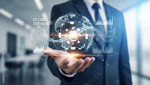 Global Business Consultant Presenting Futuristic Holographic Trends Interface in Modern Corporate Office
