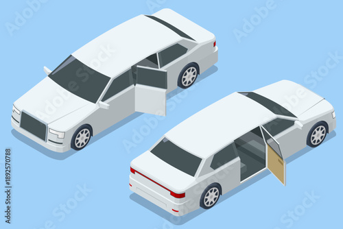 Isometric Write limousine car. VIP car. Business travel. Luxury vehicle. Urban transport. Premium vehicle concept for business, security, VIP travel, chauffeur service, and elite transportation