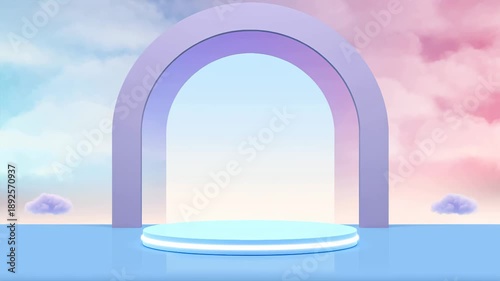 Minimalist pastel archway and circular platform for product display against a dreamy sky background.