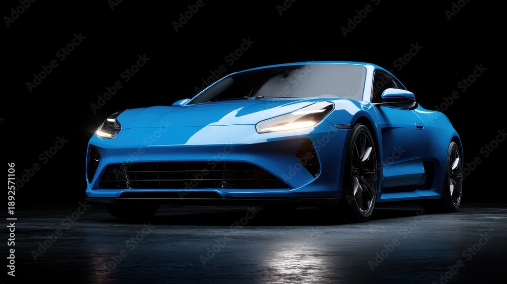 Fototapeta premium Studio shot of a modern blue sports car with soft illumination against a dark backdrop