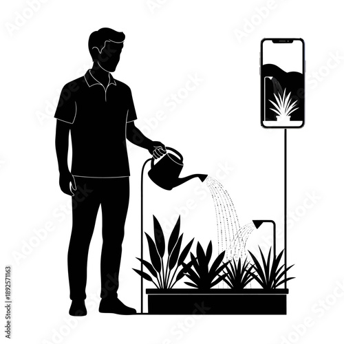 Man Watering Plants Using Smart Garden App Silhouette Vector