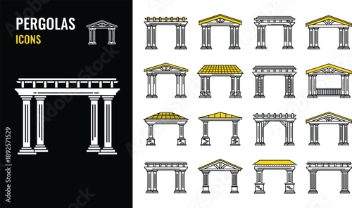 Classical pergola and garden pavilion line icon set featuring outdoor architectural structures, gazebo designs, patio roofing, columned arches, and backyard landscaping symbols.