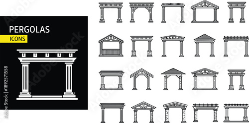 Classical pergola and garden pavilion line icon set featuring outdoor architectural structures, gazebo designs, patio roofing, columned arches, and backyard landscaping symbols.