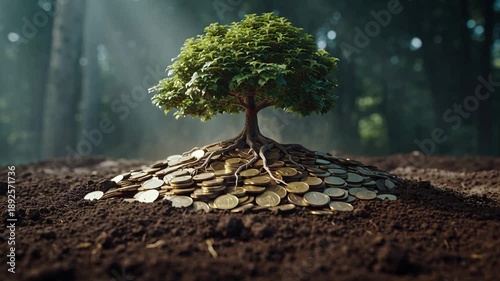 A small tree grows from a mound of golden coins, symbolizing financial growth and investment.
