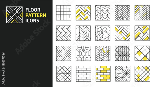 Floor pattern and parquet texture line icon set featuring wood flooring, laminate tiles, herringbone deck, interior design, and architectural construction layout symbols.