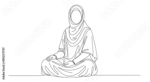 Single line drawing of a woman in a hijab sitting in a simple outfit