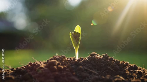 A tiny green sprout emerges from rich dark soil, symbolizing new life and hopeful beginnings.