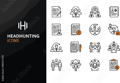 Headhunting icons set with recruitment resumes candidate selection teams and hiring workflow symbols, clean outline style human resources business vector design