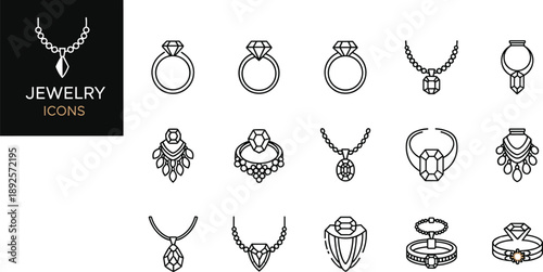 Luxury jewelry line icon set featuring diamond rings, necklaces, elegant earrings, pendants, precious gemstones, and fashion accessory symbols for boutique branding.