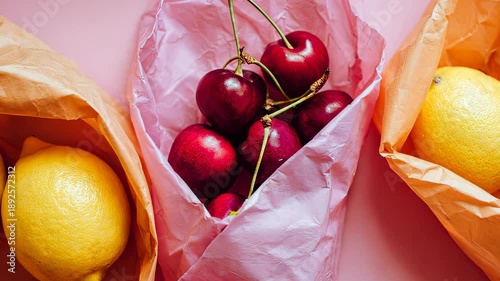 Fresh Cherries and Lemons Wrapped in Colorful Paper
