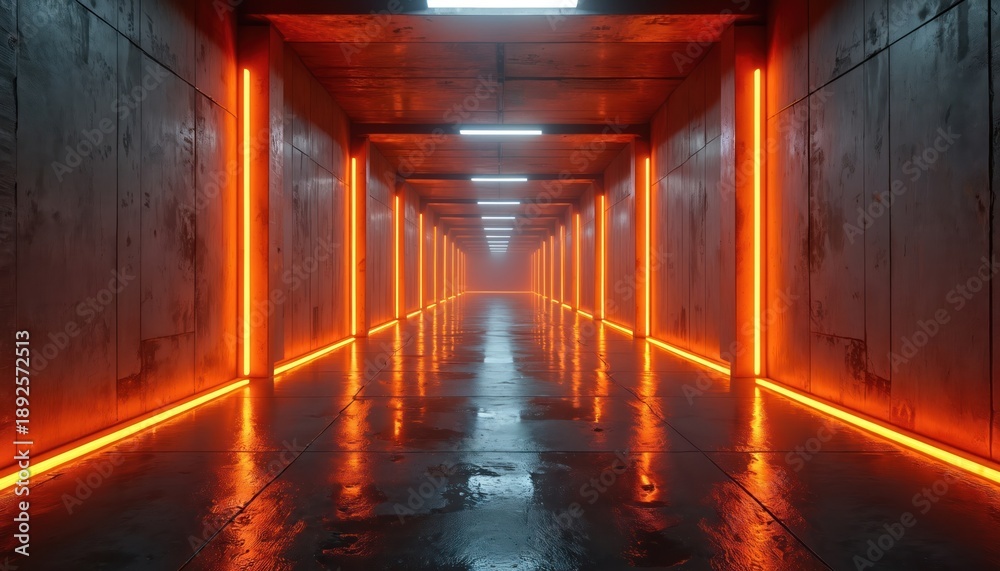 Fototapeta premium Long corridor with orange neon lights. Concrete walls and wet floor reflect bright lamps creating futuristic atmosphere. Path leads into foggy distance.