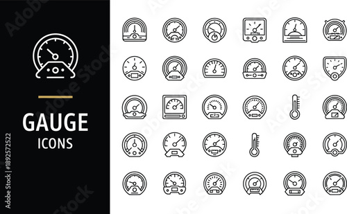 Professional gauge and speedometer line icon set featuring dashboard instruments, performance measurement, pressure levels, temperature scales, and automotive dial symbols for design.