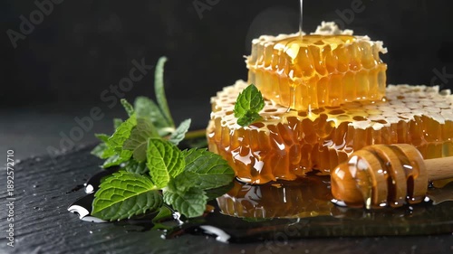 Golden honeycomb dripping with sweet honey sits beside fresh mint leaves on a dark surface.