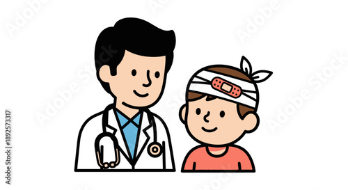 Doctor smiling at boy with head injury wearing bandage  