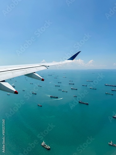 Canvas Print View from Window of Singapore Airlines A350 with Wing and sea